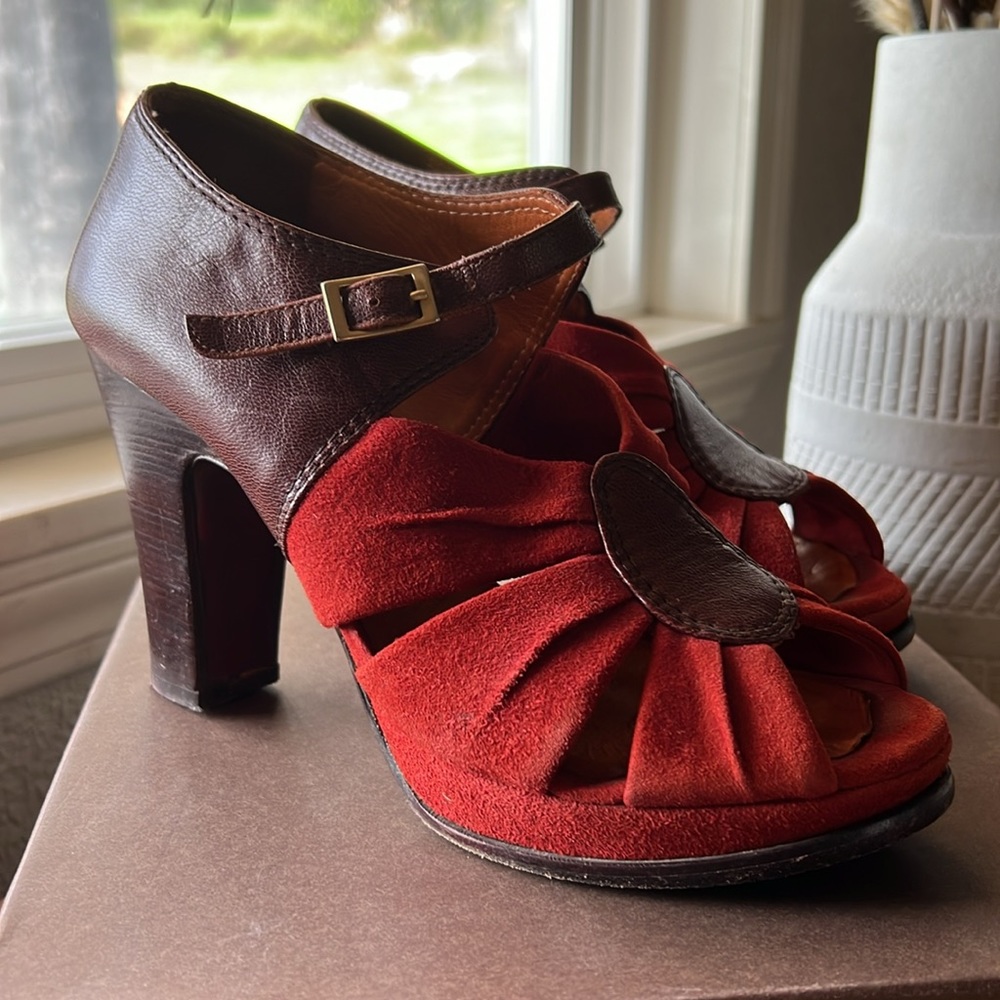 Chi Mihara Red/Brown leather/suede Stacked Heel size 37 1/2